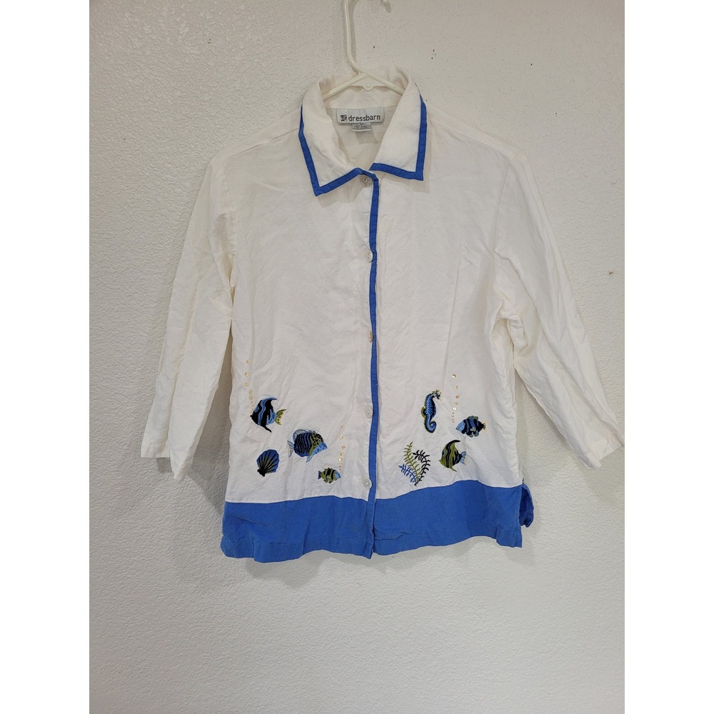 Dressbarn Womens White‎ Blue Embroidered Fish Seascape Button Down Shirt #9